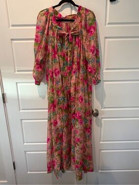 Vintage LeVoy Flower Power Chiffon House Robe Duster Pinks Romance Open Front OS
